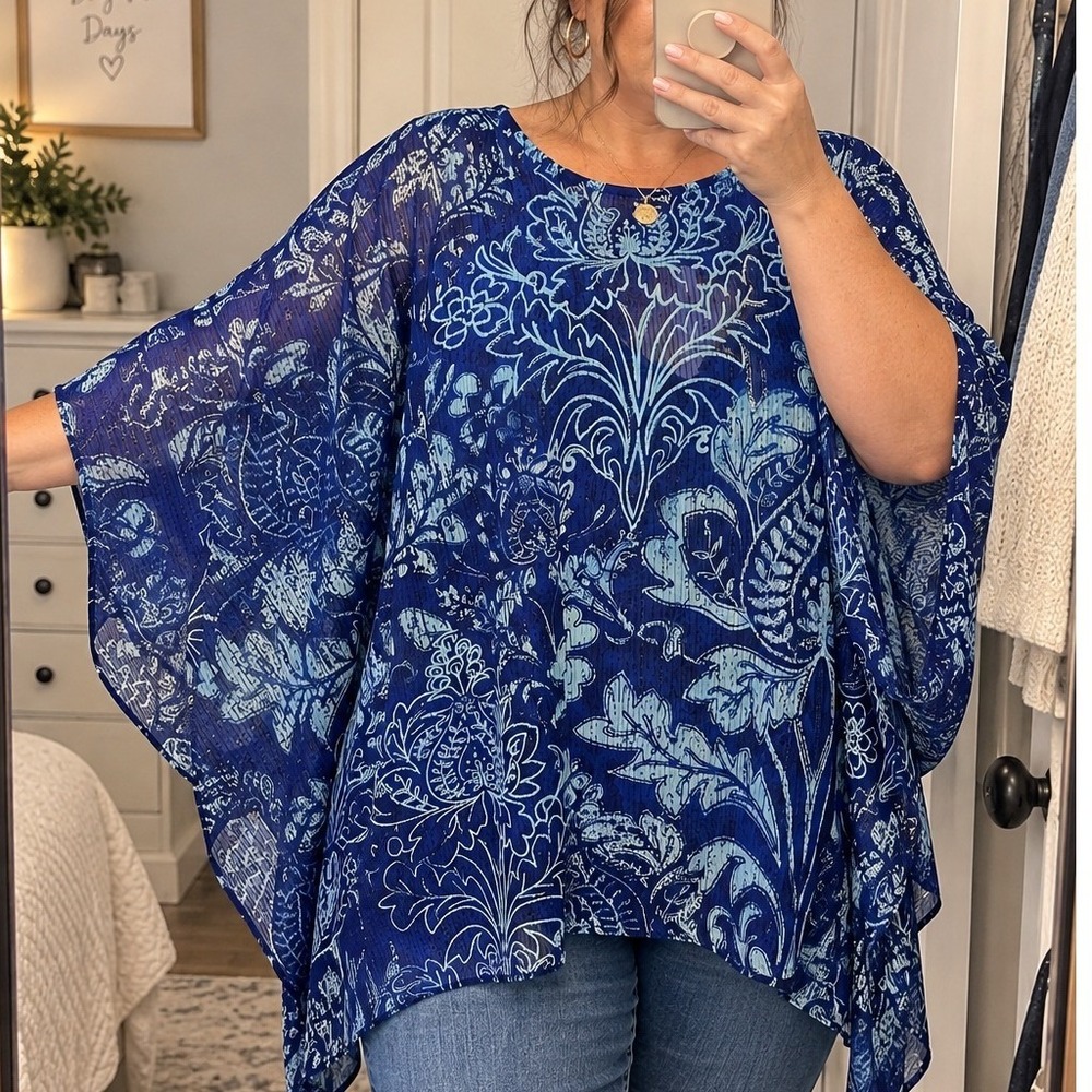 Bob Mackie Blouse 2X Blue Floral Print Dolman Sleeve Semi Sheer Metallic NWT
